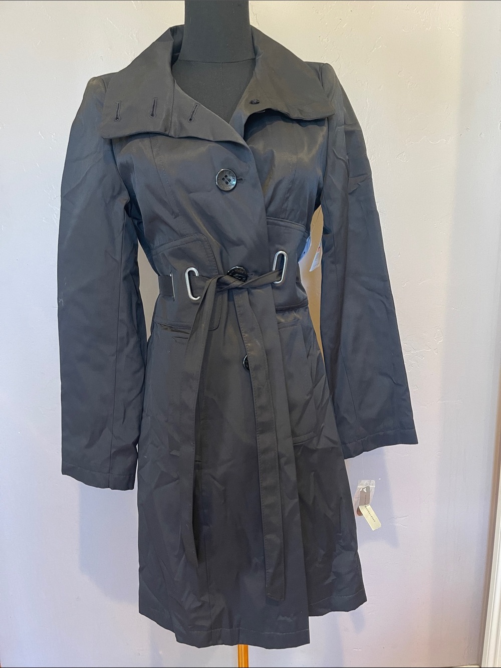 Via Spiga Gunmetal Gray Single Breasted Trench Coat Metallic Grommet Waist XS